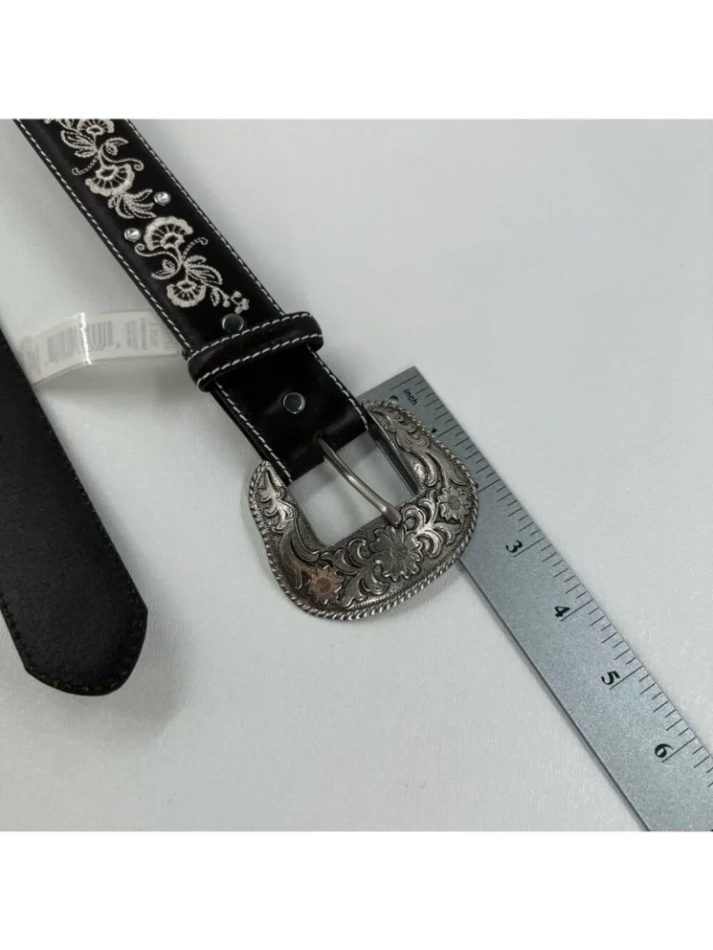 Shyanne Floral Embroidered Crystal Western Belt Sz L Silver Buckle Leather Brown
